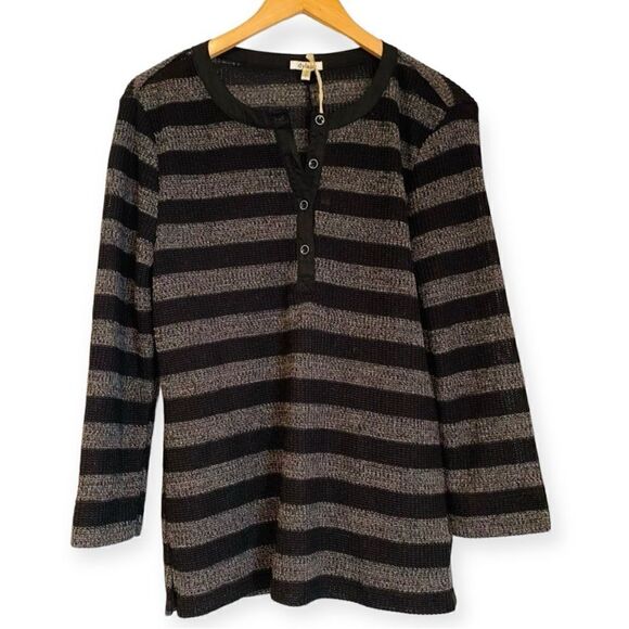 DYLAN Stripe Open Knit Henley Sweater Size Large - Picture 2 of 5